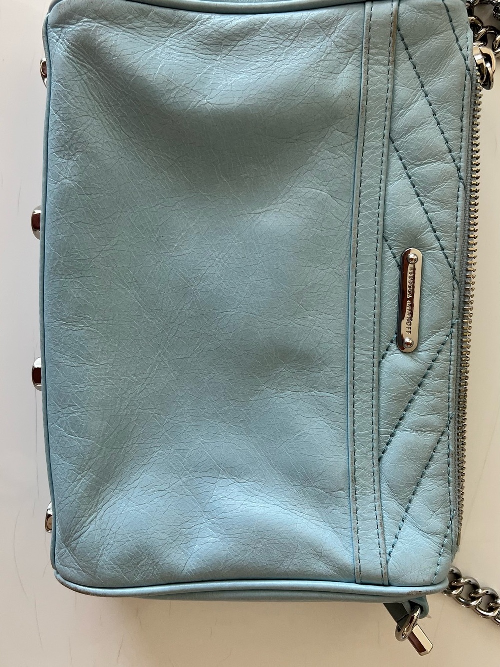 Rebecca Minkoff Light Blue Quilted Leather Mini Mac Crossbody with Silver Chain - Picture 3 of 13